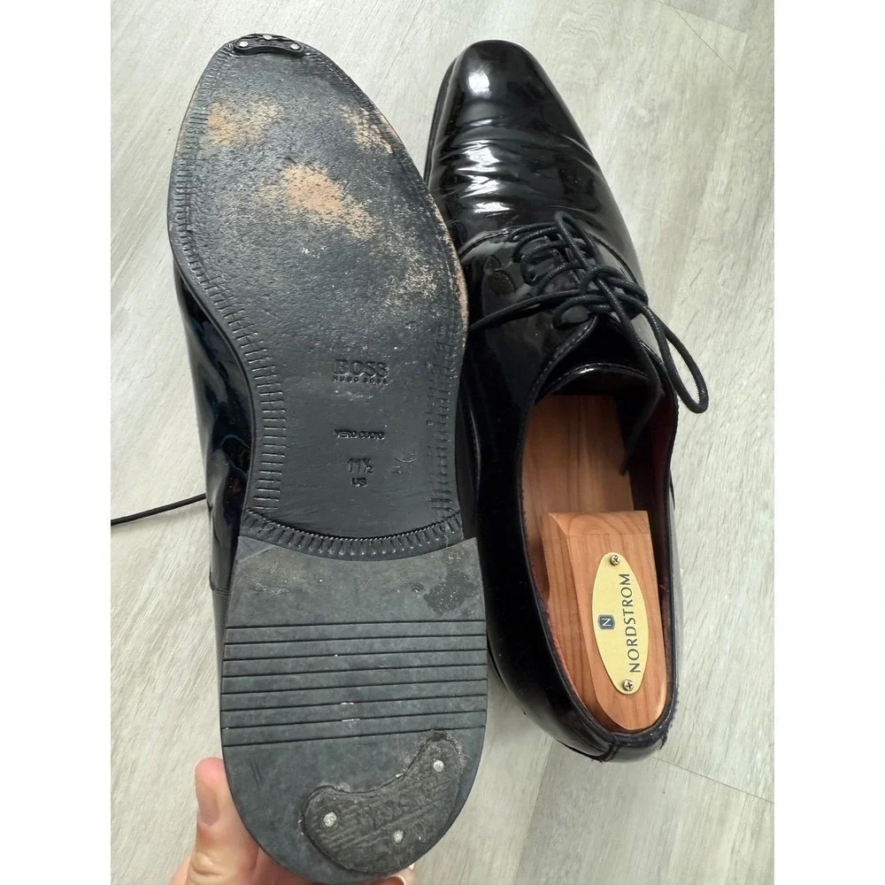 BOSS Hugo Boss Black Patent Leather Oxford Dress Shoes Men 11.5 Wide Tuxedo